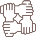 Four hands holding each other forming square.