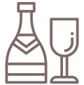 Wine bottle and glass icon on black.