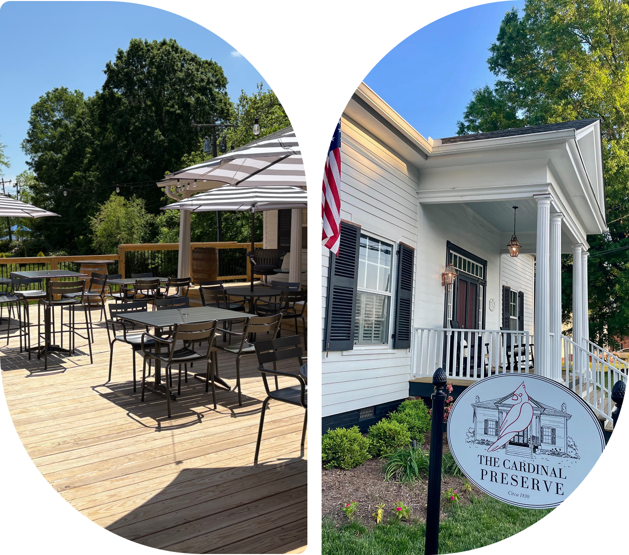 Outdoor dining area and entrance of a charming white building with an American flag.
