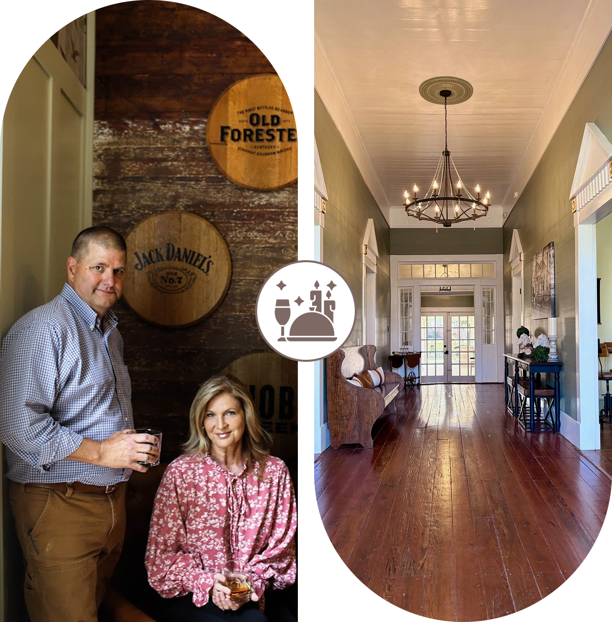 A man and woman sitting in a warmly decorated hallway with wooden floors and vintage decor.